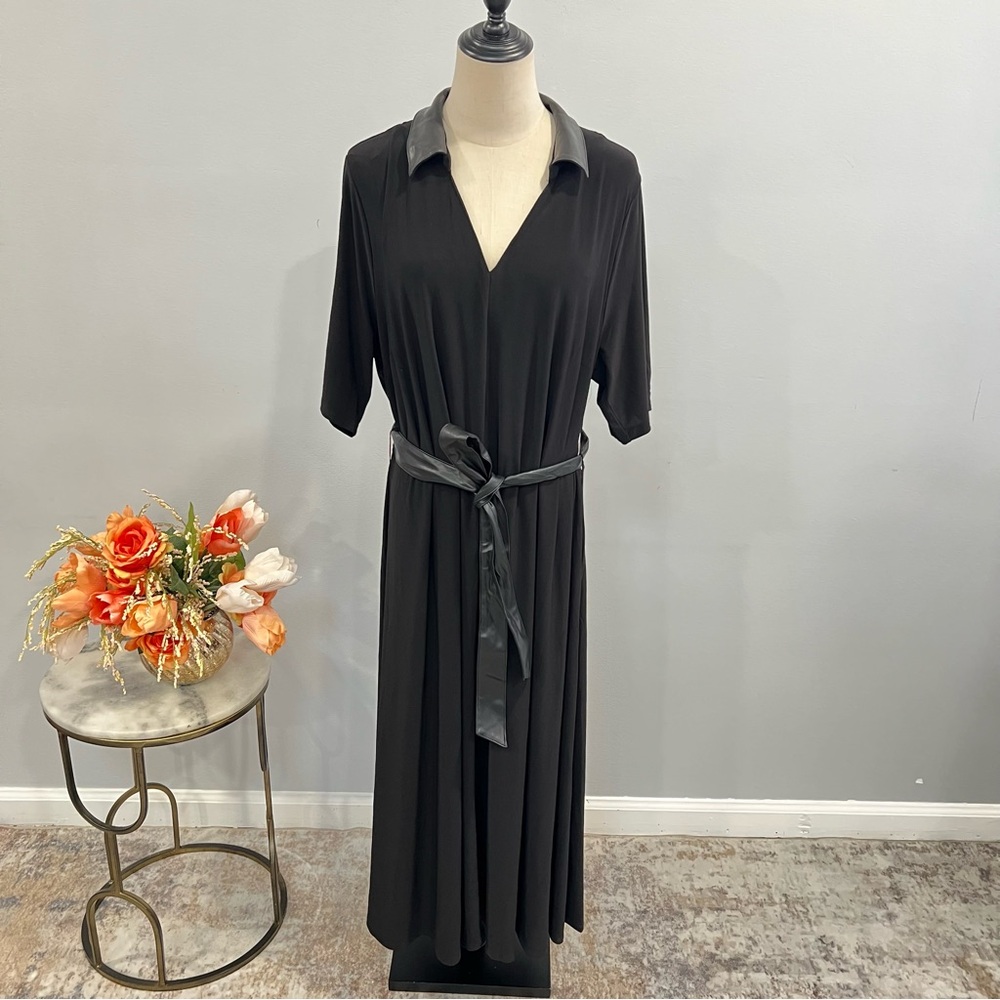 MSK Black Plus Size V Neck Faux Leather Details Belted Midi Dress - Size 2X
